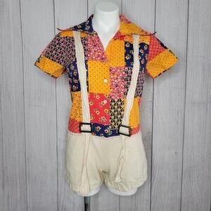 Vintage 70s Patchwork Dagger Collar Button Up Romper with Suspenders
